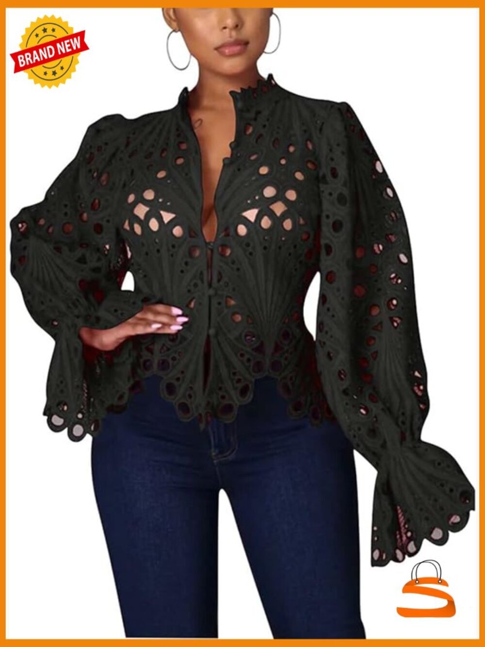 Flare Puff Sleeve V Neck Lace Blouse Tunic Button Down Long Sleeve Top